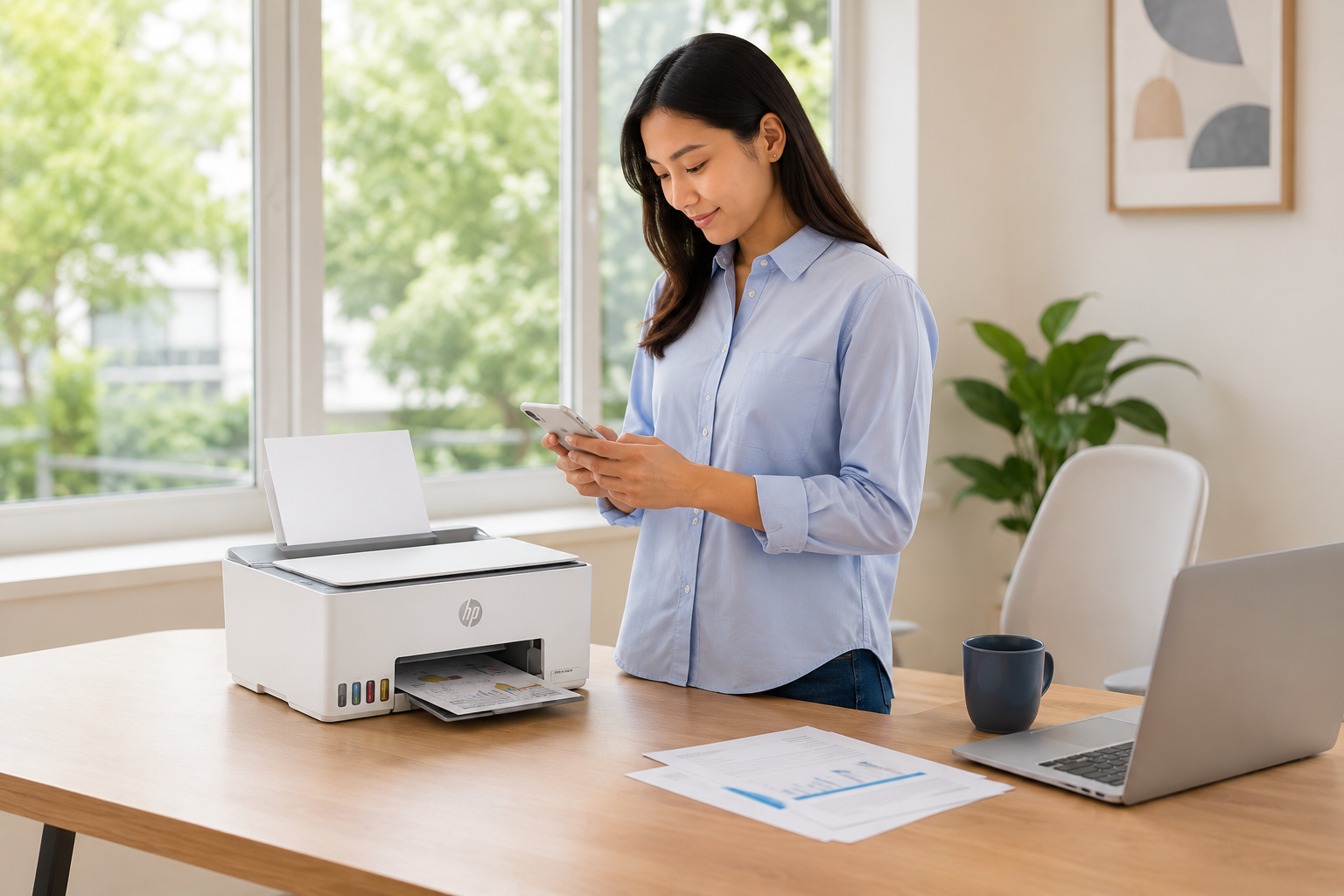 Woman using mobile and printer in home office