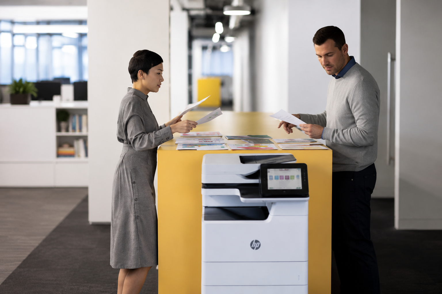 Colleagues collaborating by enterprise printer